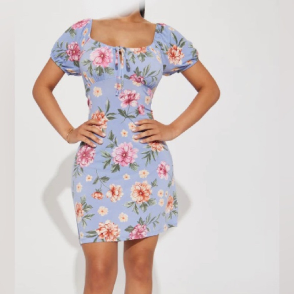 NEW FASHION NOVA Floral Square Neck Mini Dress - Blue - Medium